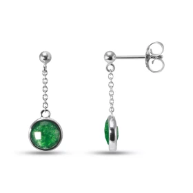 Boucles d oreilles Pendantes Argent Rhodié 925 composées d une aventurine ronde facetée 7mm diamètre Chaîne maille forçat ...