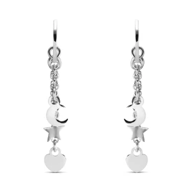 Boucles d oreilles pendantes argent rhodié composées d un demi anneau sur lequel sont suspendues 3 breloques coeur, étoile...