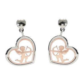 Boucles d oreilles pendantesen argent rhodié composées d un coeur 15x18mm un cupidon au centre argent flashé or rose Systè...