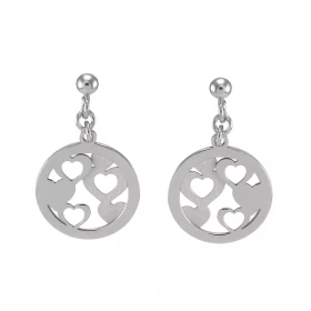 Boucles d oreilles pendantes argent rhodié composées coeurs argent argent satinés dans un cercle 15 mm diamètre Longueur t...