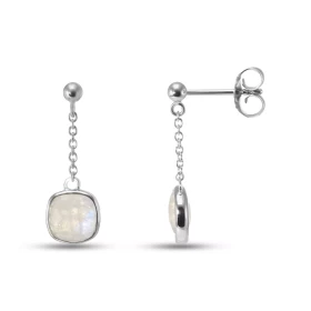  Boucles d oreilles Pendantes Argent Rhodié 925 composées d une labradorite blanche coussin 6x6mm Chaîne maille forçat ron...
