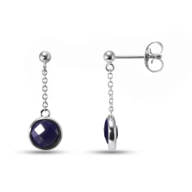 Boucles d oreilles Pendantes Argent Rhodié 925 composées d un lapis lazuli rond faceté 7mm diamètre Chaîne maille forçat r...