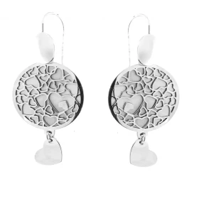 Boucles d oreilles satinées argent rhodié motifs coeurs dans un rond breloque coeur Diamètre rond : 20mm Dimension breloqu...