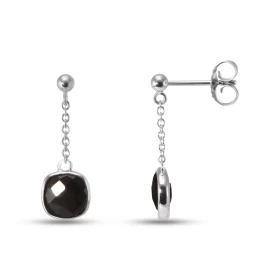 Boucles d oreilles Pendantes Argent Rhodié 925 composées d un onyx coussin 6x6mm Chaîne maille forçat ronde 1,4mm Largeur ...