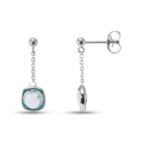 Boucles d oreilles Pendantes Argent Rhodié 925 composées d une topaze bleue coussin 6x6mm Chaîne maille forçat ronde 1,4mm...