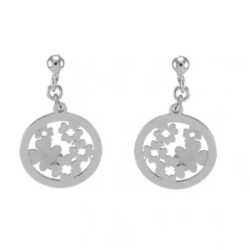 Boucles d oreilles pendantes argent rhodié composées trèfles à 4 feuilles argent argent satinés dans un cercle 15 mm diamè...