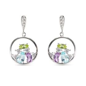 Boucles d oreilles Pendantes Argent Topaze, Améthyste, Péridot Oxyde zirconium Motif rond 15mm Argent 925 rhodié Pierres f...