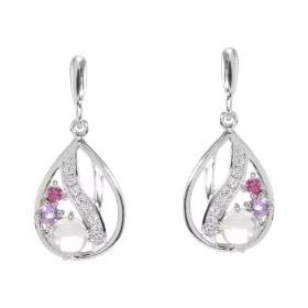 Boucles d oreilles Pendantes Argent 925 Rhodié Quartz Rose Améthyste Grenat Oxyde Boucles composées motifs forme poire pa...