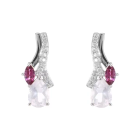 Boucles d oreilles Pendantes Argent 925 Rhodié Quartz Rose Grenat Boucles composées motifs pavés d oxydes zirconium sertis...
