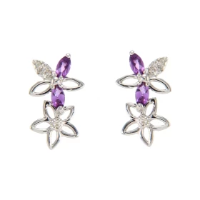 Boucles d oreilles Fleurs Or Blanc 375 Améthyste Diamant Chaque boucle est sertie Améthystes navettes mesurant 4x2mm 5 dia...