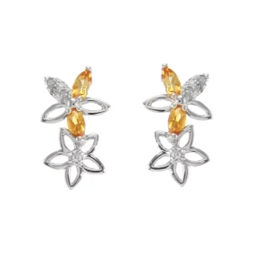 Boucles d oreilles Fleurs Or Blanc 375 Citrine Diamant Chaque boucle est sertie Citrines navettes mesurant 4x2mm 5 diamant...