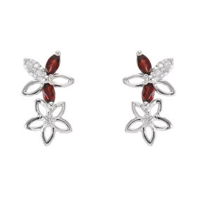 Boucles d oreilles Fleurs Or Blanc 375 Grenat Diamant Chaque boucle est sertie Grenats navettes mesurant 4x2mm 5 diamants ...