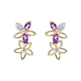 Boucles d oreilles Fleurs Or Jaune 375 Améthyste Diamant Chaque boucle est sertie Améthystes navettes mesurant 4x2mm 5 dia...