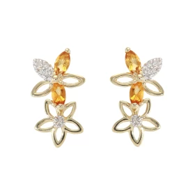 Boucles d oreilles Fleurs Or Jaune 375 Citrine Diamant Chaque boucle est sertie Citrines navettes mesurant 4x2mm 5 diamant...