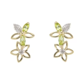 Boucles d oreilles Fleurs Or Jaune 375 Péridot Diamant Chaque boucle est sertie Péridots navettes mesurant 4x2mm 5 diamant...