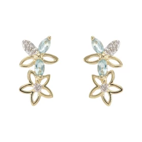 Boucles d oreilles Fleurs Or Jaune 375 Topaze bleue traitée Diamant Chaque boucle est sertie Topaze bleue traitées navette...