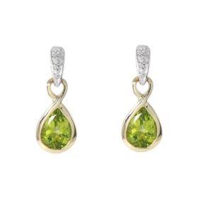 Boucles d oreilles Infini Or Jaune 375 Péridot Diamant Motif infini serti d un Péridot Poire 7x5mm d un diamant Les dimens...