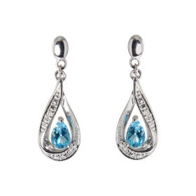 Boucles d oreilles Pendantes Or Blanc 375 Topaze bleue traitée poire 5x3mm Diamants Topaze bleue traitée taille poire mesu...