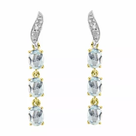 Boucles d oreilles Or jaune 375 serties 6 aigues marines ovales 4x3mm 2 diamants Longueur : 25mm Poids Diamant : 0,01 cara...