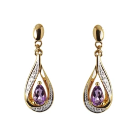 Boucles d'oreilles Pendantes Or Jaune 375 Améthyste poire de 5x3mm et Diamants