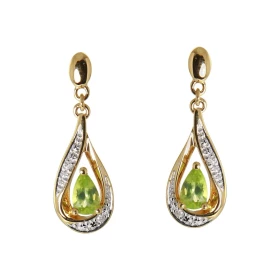 Boucles d oreilles Pendantes Or Jaune 375 Péridot poire 5x3mm Diamants Péridot taille poire mesurant 5x3mm pesant 0.2 cara...