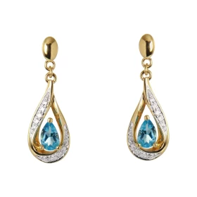 Boucles d oreilles Pendantes Or Jaune 375 Topaze bleue traitée poire 5x3mm Diamants Topaze bleue traitée taille poire mesu...