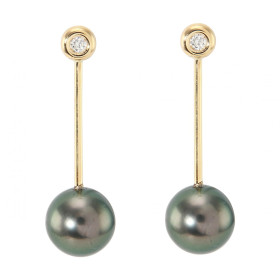 Boucles d oreilles Or Jaune 750 Perle Tahiti 10mm Diamant Diamètre des perles : 10mm Longueur des boucles d oreilles : 30mm