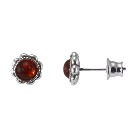 Boucles d oreilles puces argent composées d une ambre couleur cognac 5mm diamètre un entourage forme fleur Système d attac...