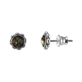 Boucles d oreilles puces argent composées d une ambre verte 5mm diamètre un entourage forme fleur Système d attache : pous...
