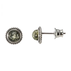 Boucles d oreilles puces argent composées d une ambre verte 5mm diamètre un entourage torsadé argent Système d attache : p...