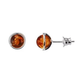 Boucles d oreilles puces argent composées d une ambre couleur cognac 6mm diamètre un entourage argent Système d attache : ...
