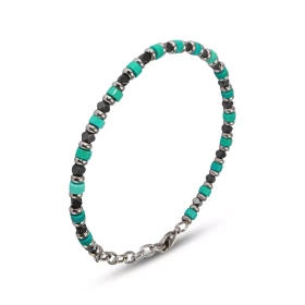 Bracelet Homme Acier composé d anneaux cubes gris cylindres pierres bleues turquoise Largeur : 4,2mm Longueur ajustable 19...