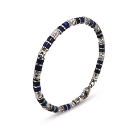 Bracelet Homme Acier composé cylindres texturés gris pierres couleur bleue marine Largeur : 4,4mm Longueur ajustable 19 à ...
