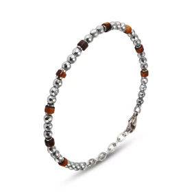 Bracelet Homme Acier composé boules facettées cylindres Oeil tigre Largeur : 4,2mm Longueur ajustable 19 à 22cm