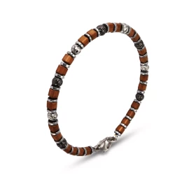 Bracelet Homme Acier composé perles texturées grises cubes couleurs bronze Largeur : 4,7mm Longueur ajustable 20 à 22,5cm