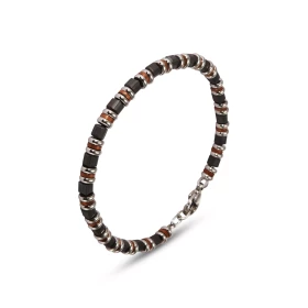 Bracelet Homme Acier composé pierres grises cylindres couleur bronze Largeur : 4,9mm Longueur ajustable 19,5 à 22cm