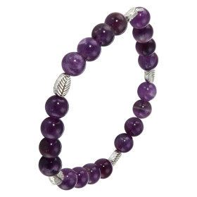 Bracelet Améthyste 8mm Motif Feuille Ce Bracelet est composé 20 perles 8mm Améthyste 5 intercalaires métal représentant un...