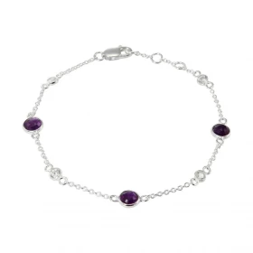 Bracelet Argent 925 Améthyste Oxyde zirconium Bracelet composé d une chaine forcat, 3 Améthystes facettées 5mm 4 oxydes ro...