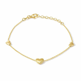 Bracelet argent 925 doré composé 2 coeurs 5x6mm un coeur rayé 7x7mm Chaîne maille forçat 1,1mm large Longueur ajustable 16...