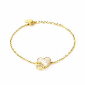 Bracelet argent 925 doré composé 2 coeurs entrelacés l un nacre l autre serti d oxydes zirconium Chaîne maille forçat 1,4m...