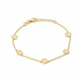 Bracelet argent 925 doré composé 5 fleurs 6x6mm sertis nacre Chaîne maille forçat 1,2mm large Longueur ajustable 16 à 18cm...