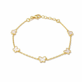 Bracelet argent 925 doré composé 5 papillons 5x7mm sertis nacre Chaîne maille forçat 1,2mm large Longueur ajustable 16 à 1...