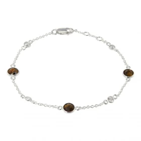 Bracelet Argent 925 Oeil tigre Oxyde zirconium Bracelet composé d une chaine forcat, 3 Oeil tigre facettés 5mm 4 oxydes ro...