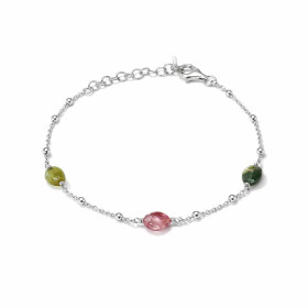  Bracelet argent 925 rhodié composé 2 tourmalines vertes une tourmaline rose Chaîne maille forçat 1mm large perles 2mm lar...
