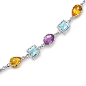  Bracelet Argent 925 serti pierres fines (Quartz fumé, citrine, topaze bleue améthyste) Longueur ajustable 18,5 à 20cm 