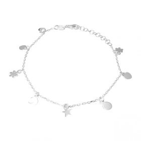 Bracelet argent composé breloques dont 2 fleurs, 2 coeurs, 2 pastilles, 1 étoile 1 lune Largeur du bracelet : 9mm Chaîne m...