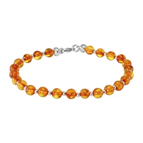 Bracelet des perles d ambre 5mm diamètre des perles d argent 2mm diamètre Ambre couleur cognac Longueur : 18cm