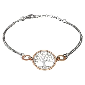 Bracelet argent rhodié composé d une chainette double, 2 cercles argent flashé or rose 8mm diamètre 1 arbre vie cerclé arg...