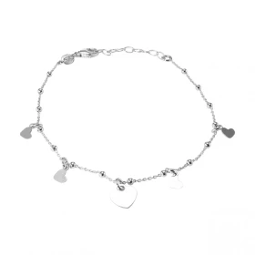 Bracelet argent rhodié composé 5 breloques coeur Maille forçat 1mm large boules 2mm large Longueur du bracelet ajustable 1...