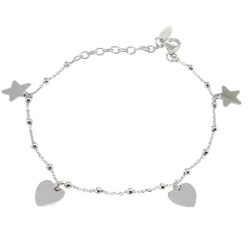  Bracelet argent rhodié composé 2 breloques coeurs 8x8mm 2 breloques étoiles 9x9mm Chaîne maille perlée : 2mm large Longue...